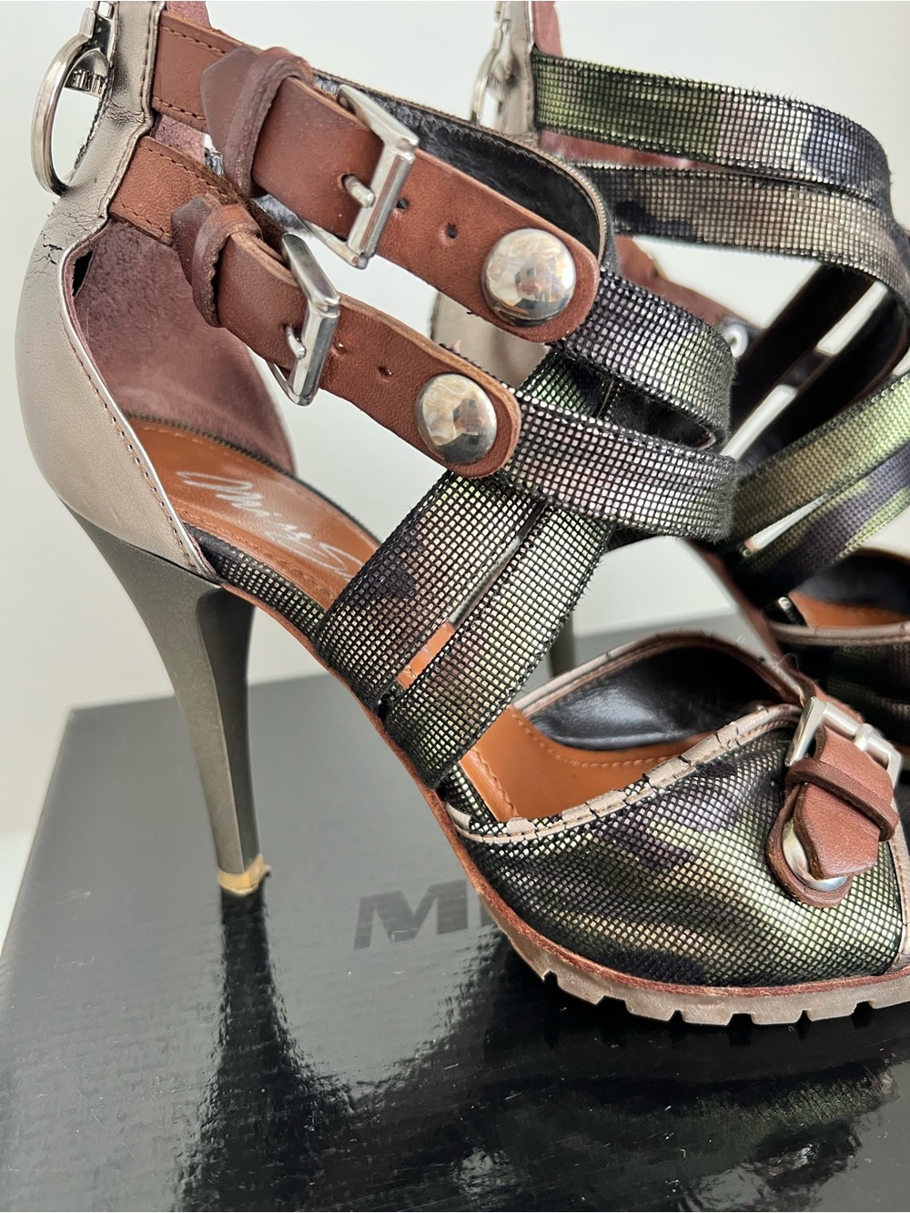 Miss Sixty Iridescent Black Strappy High Heel Sandals with Brown Accents - Picture 7 of 16